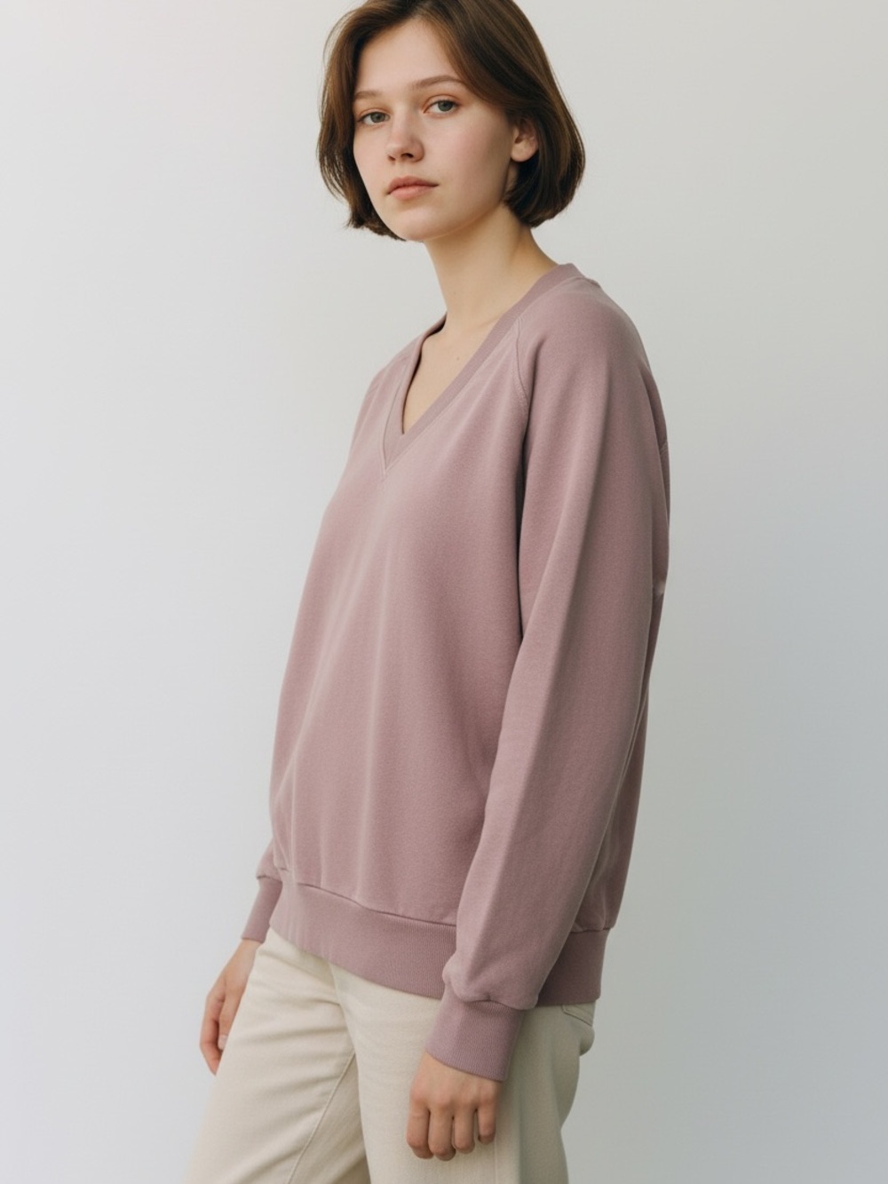 Perfectwhitetee V-Neck Long Sleeve Sweater in Mauve